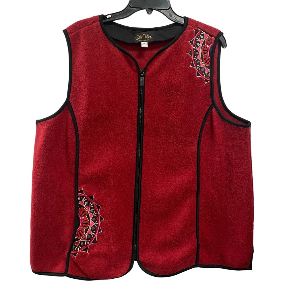 Bob Mackie Red Vest Wearable Art Women's XL Embroidered Pocket Full zip Up Artsy
